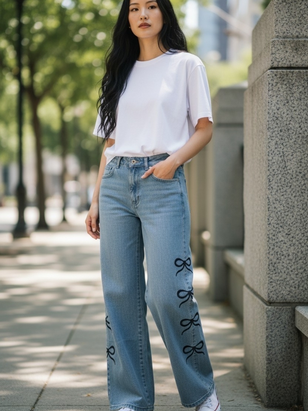 Aeropostale Women’s Size Small Aero Baggy Wide Leg Bow Embroidered Jeans